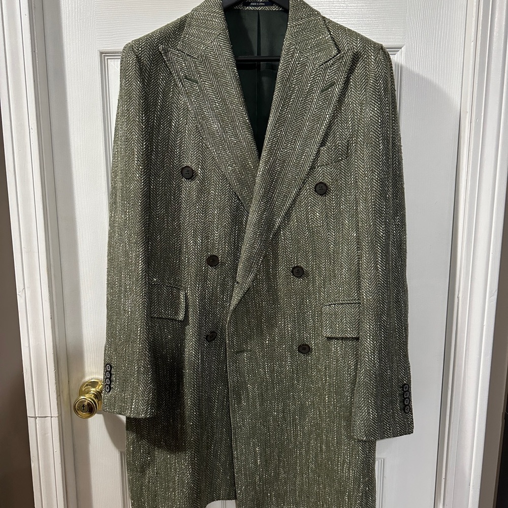 Suitsupply Green Herringbone Pea Coat - Silk Linen Cotton Blend - 40R (M)